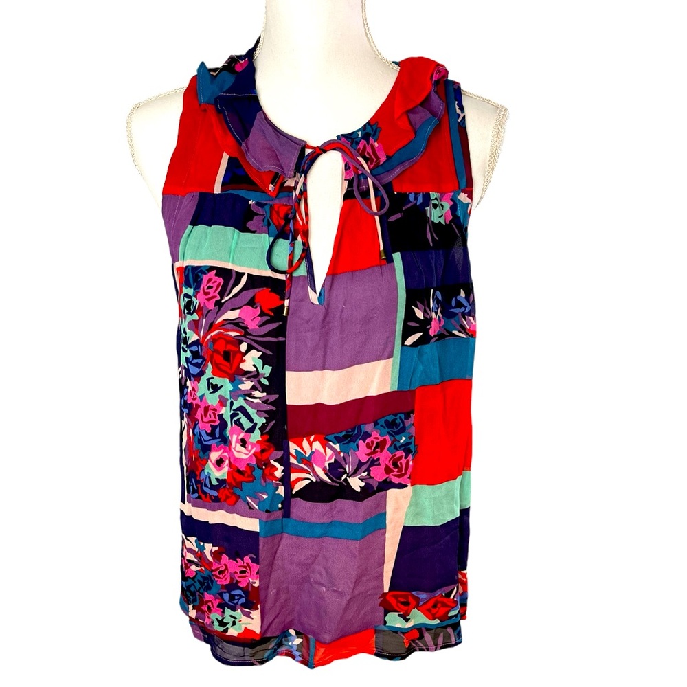 Maeve by Anthropologie sleeveless multicolor floral ruffle collar top - Picture 2 of 12